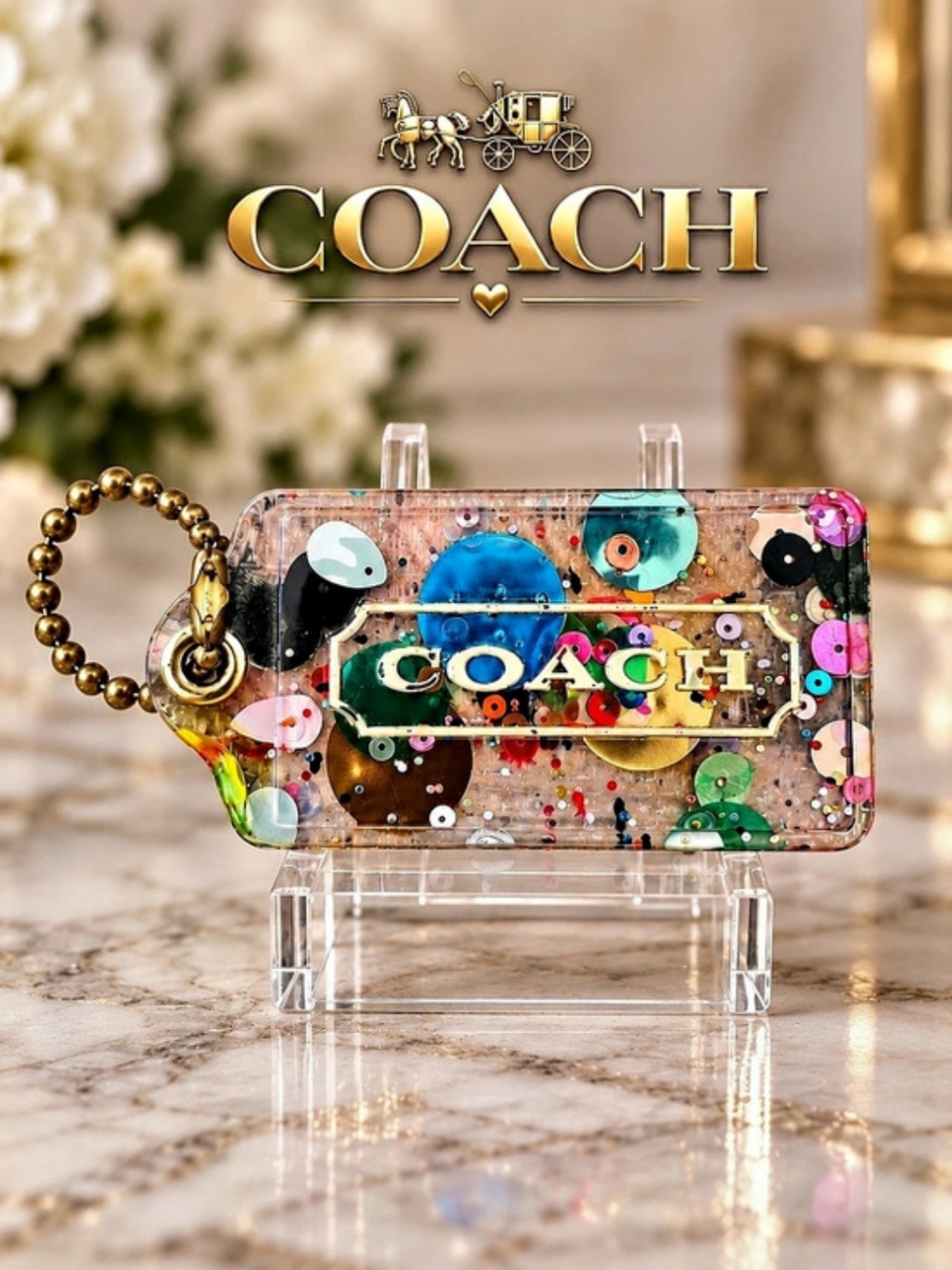 COACH Pop Art Multicolor Sequin Confetti Resin Hangtag Bag Charm Keychain.